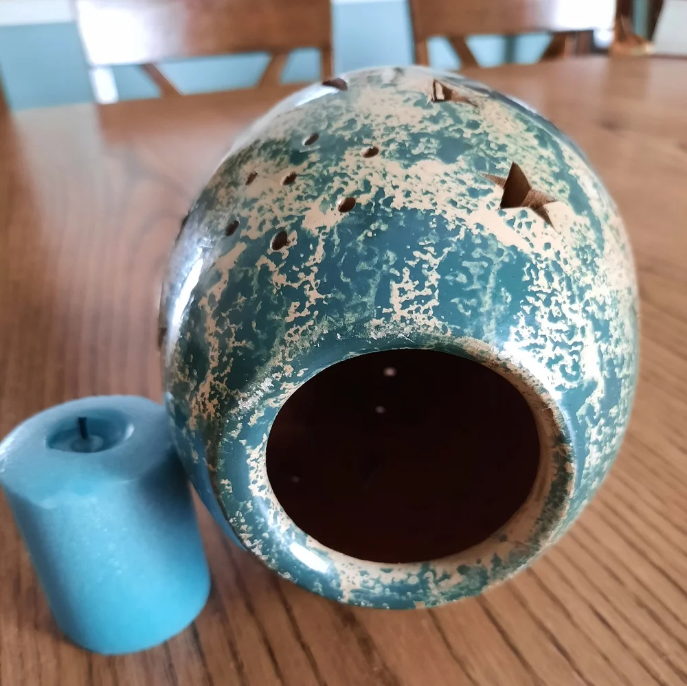 Pottery pierced candle holder turtle tribal folk art glazed terra cotta